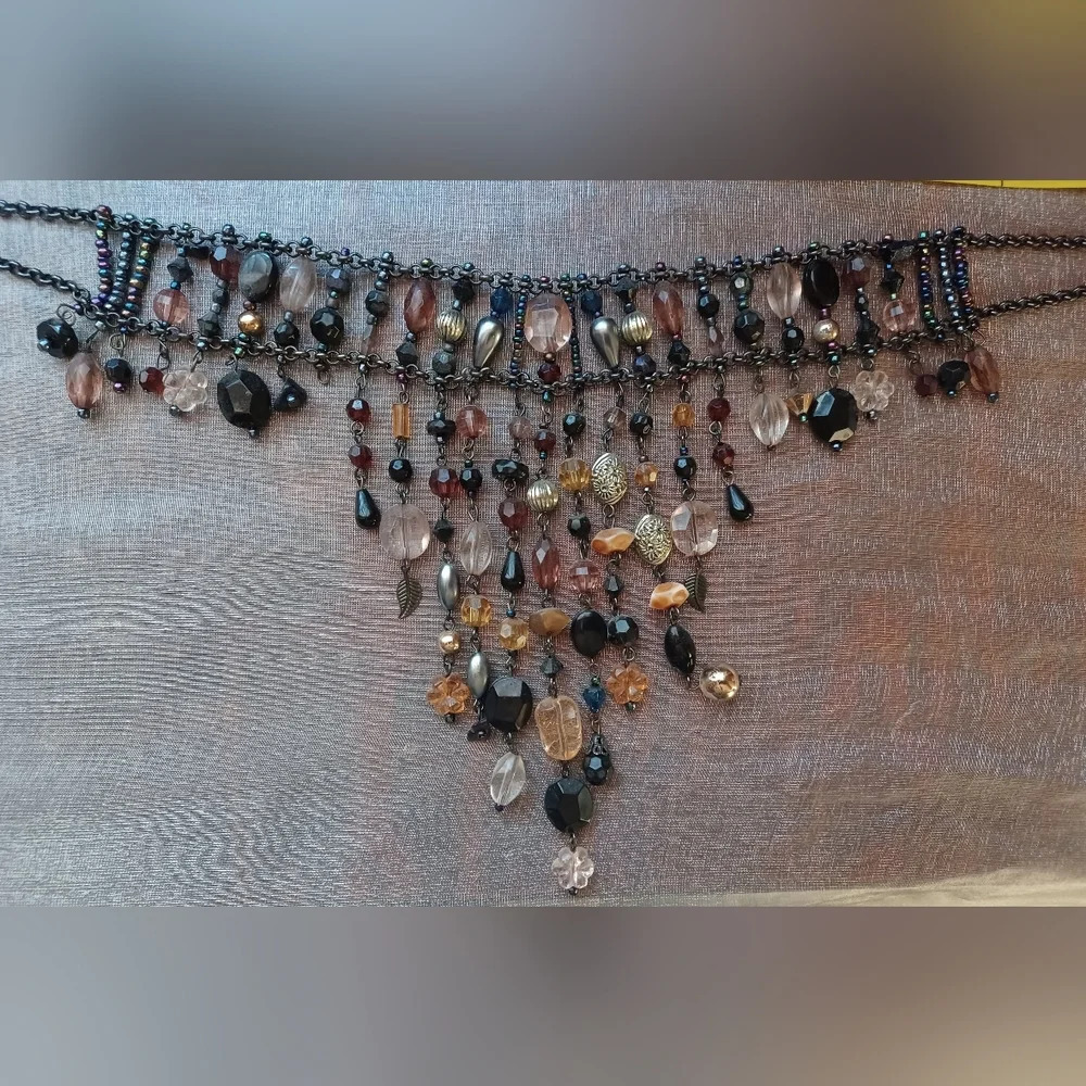 Vintage Fantasy Statement Crystal Bead Stone Drop Jewel Choker Bib Collar - Picture 6 of 9